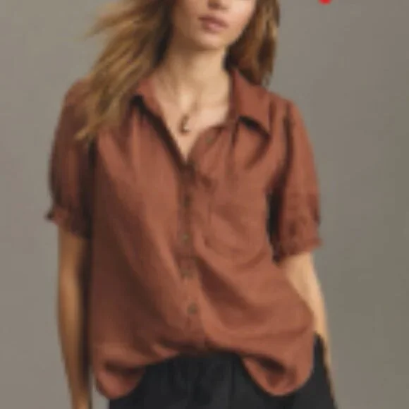 The Aly Linen Puff-Sleeve Blouse by Pilcro - Picture 1 of 1